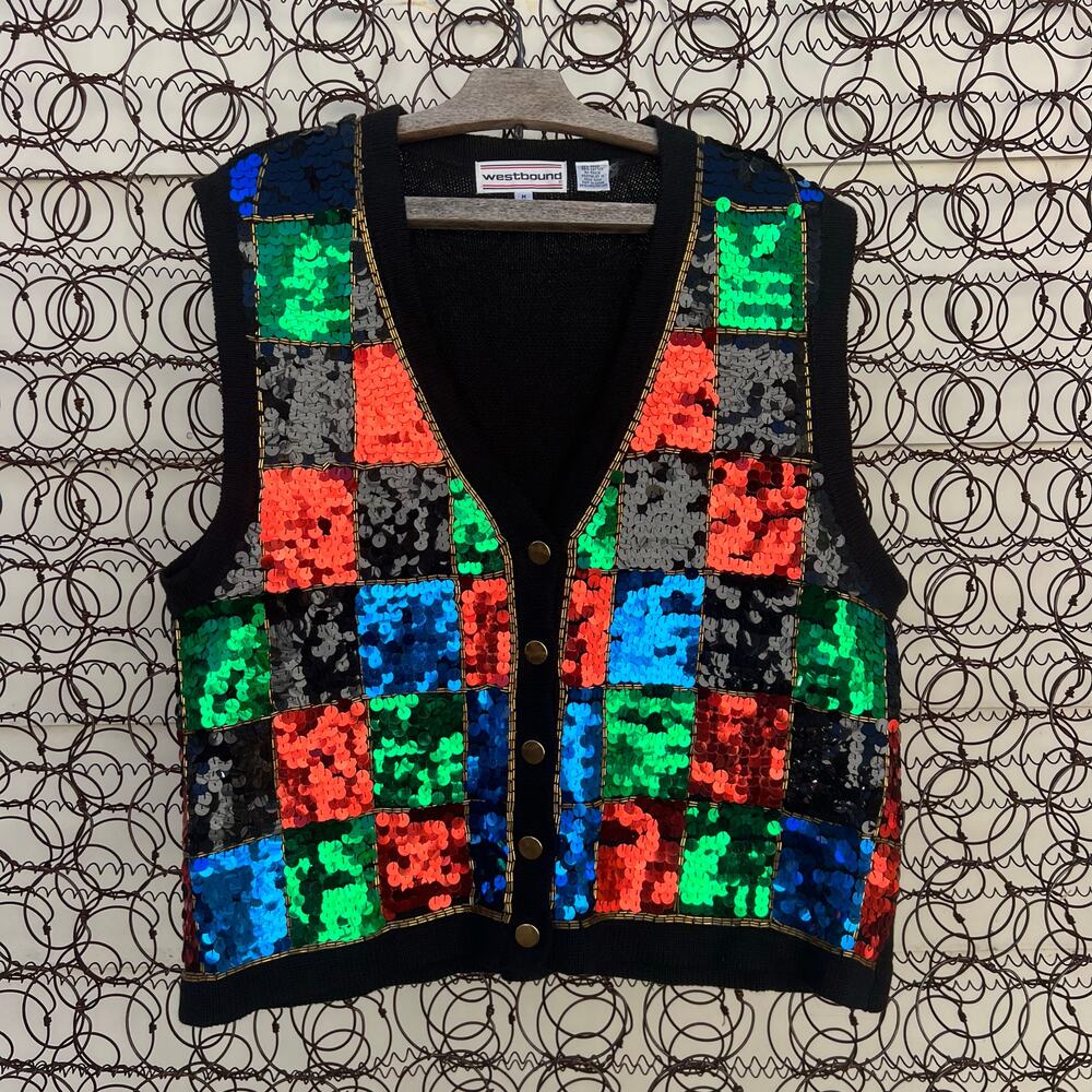 Vintage 90s Westbound Ugly Christmas Holiday Bling Sequin Sweater Vest MEDIUM